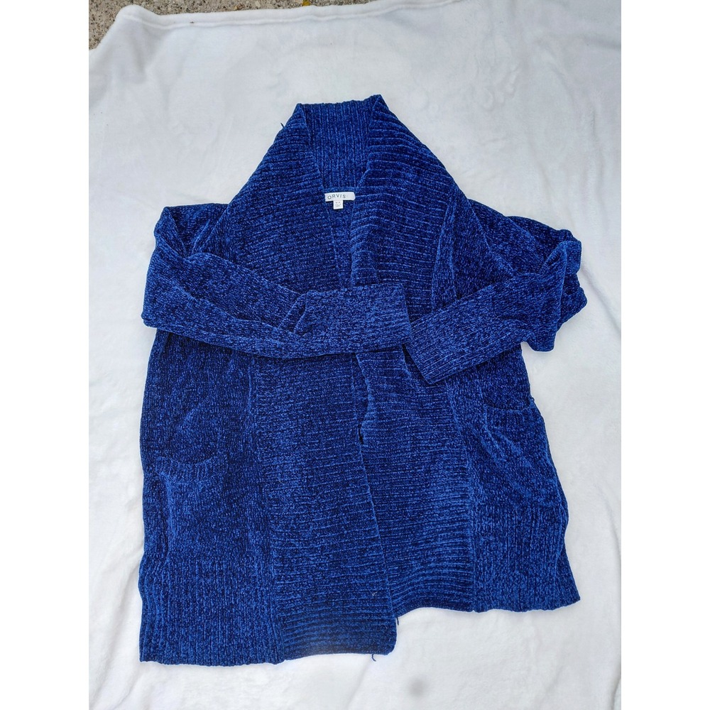 Orvis Royal Blue Chenille Open Front Cardigan Sweater Shawl Collar Pockets M